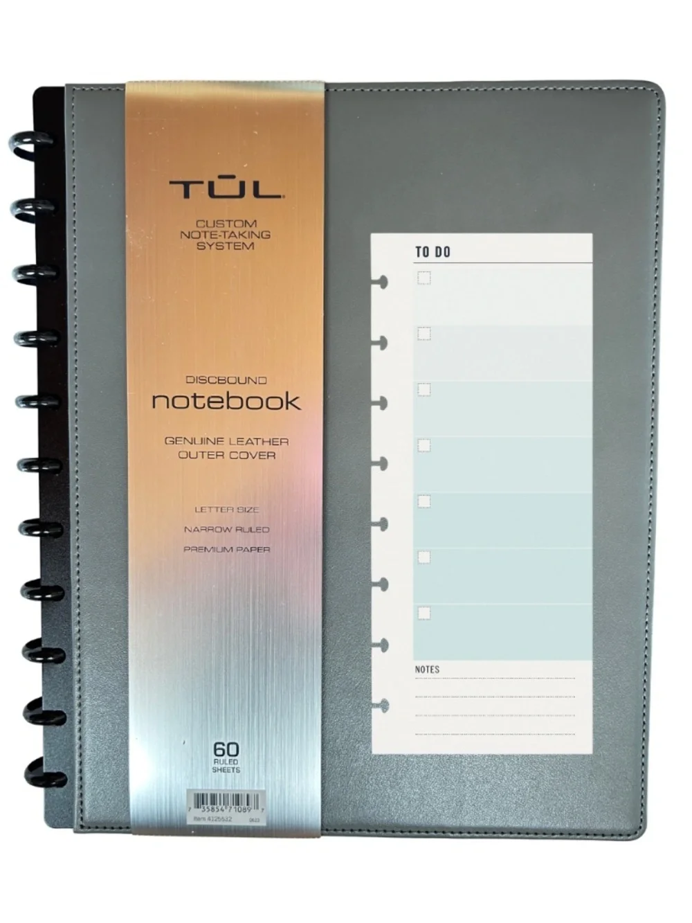 NEW TUL Discbound Notebook With Gray Leather Cover, Quality 60 Ruled Sheets